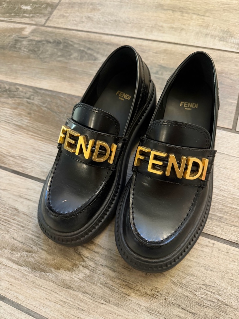 Fendi Black Leather Loafers with Gold Logo Hardware size 5